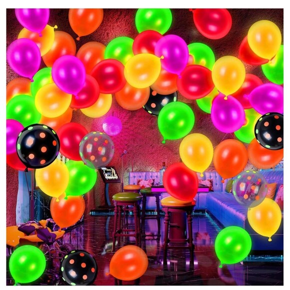 RUBFAC 120 Pieces Neon Balloons, 12” Glow in The Dark Balloons UV Polka Dot Glow - Picture 2 of 5